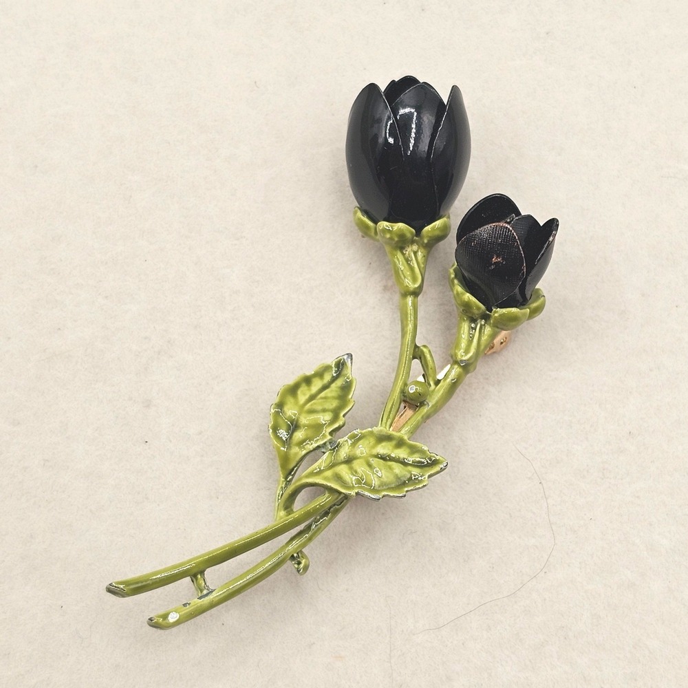 Vtg Floral Black Tulip Brooch Green Enamel Botanical Goth Statement 2.5" Pin